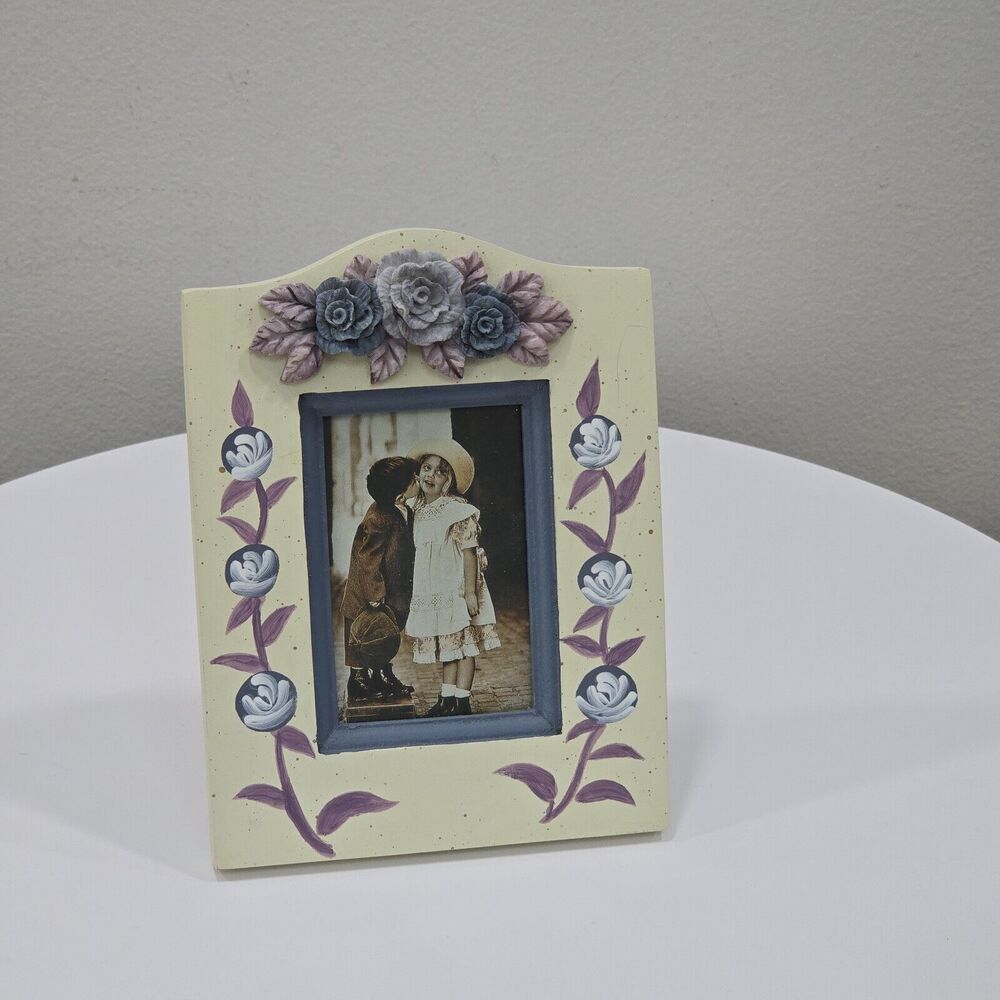 Picture Photo Frame Wooden Hand Painted Purple Lavender Roses 3D Art Easel